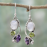 Винтидж обеци от кристал и лунен камък в лилаво и зелено, изработени от сребро